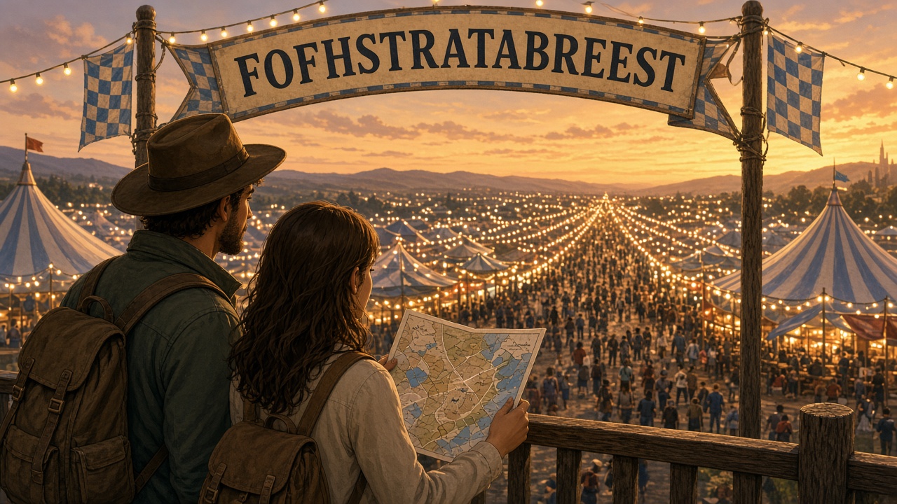 Visitors using a paper festival plan to find beer tents at an Oktoberfest entrance