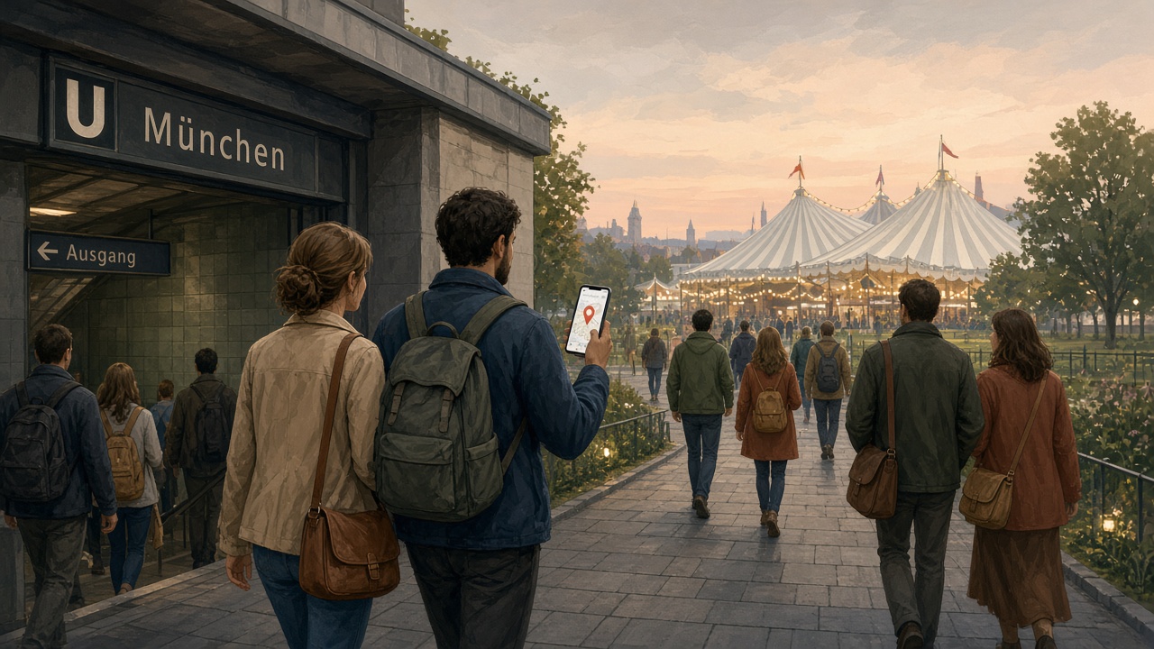 Visitors leaving a Munich subway station and walking toward the Oktoberfest festival grounds