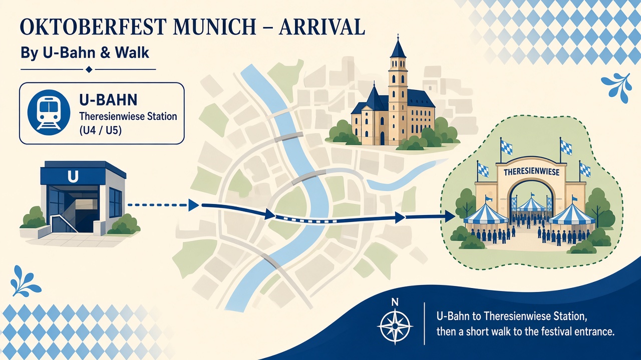 Simplified route diagram from Munich U-Bahn to the Theresienwiese Oktoberfest grounds