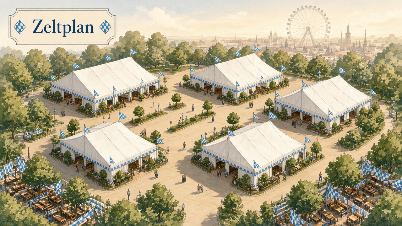 Illustrated Oktoberfest tent map overview of beer tents on the Theresienwiese festival grounds