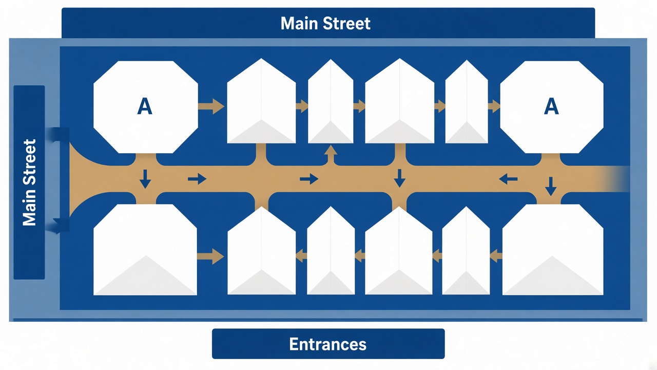 Simplified Oktoberfest Zeltplan layout with tent zones and walking paths
